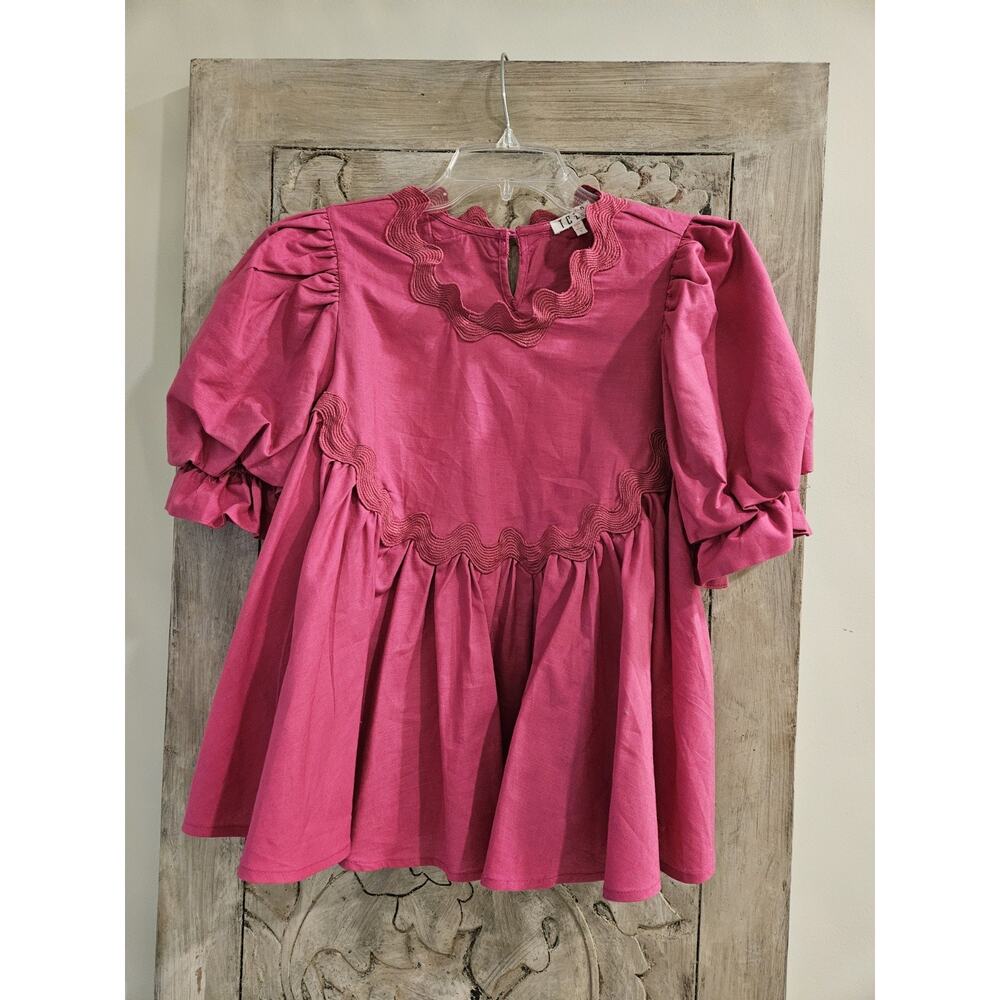 TCEC Pink Magenta Top Blouse SZ Small Rickrack Trim Top S Babydoll Style Puff